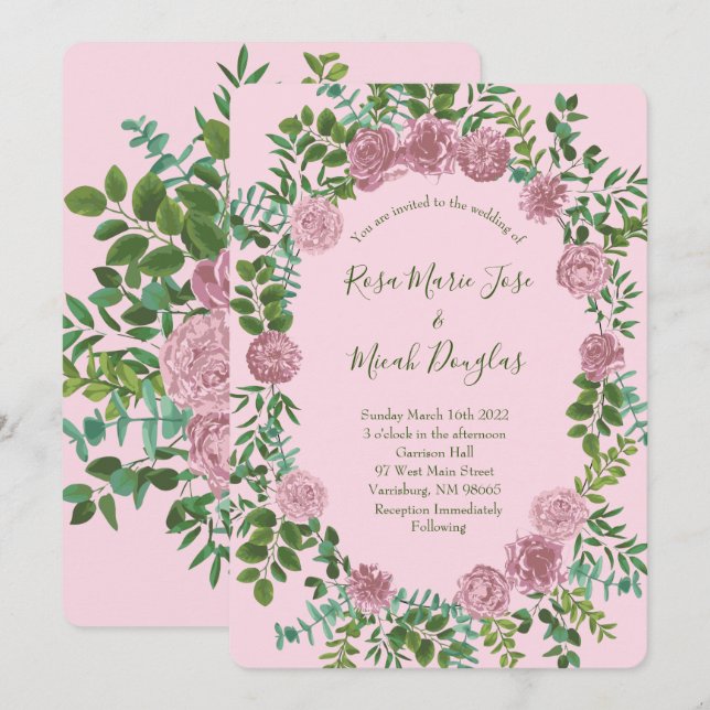 Pink Roses Garden Spring Wedding Invitation (Front/Back)