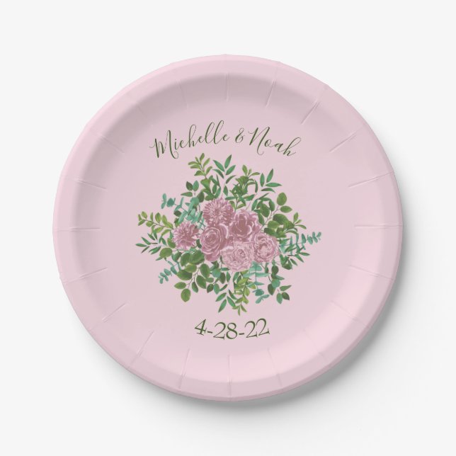 Pink Roses Garden Spring Wedding Paper Plate (Front)