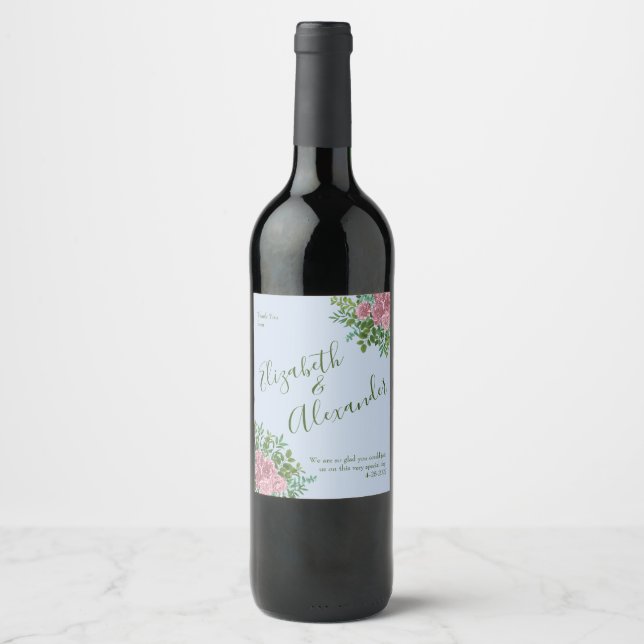 Pink Roses Garden Spring Wedding Wine Label (Front)