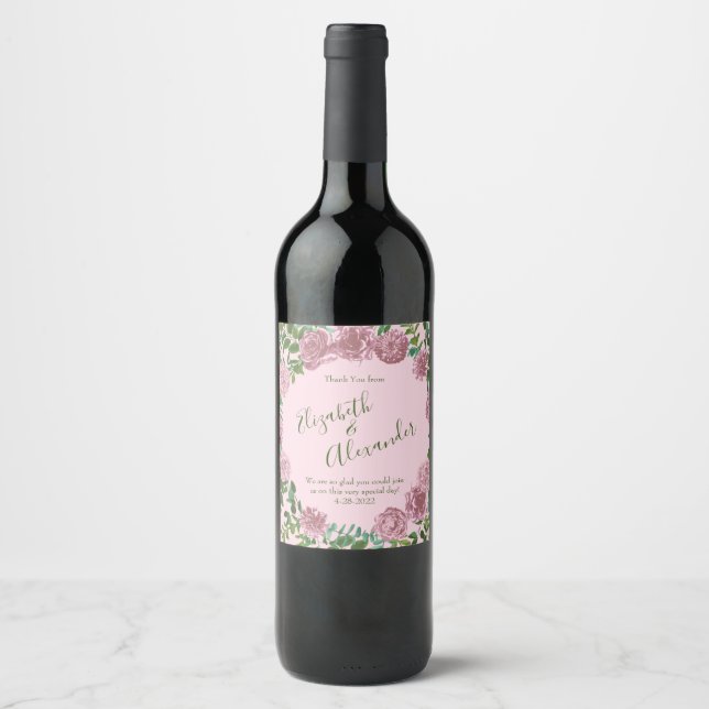 Pink Roses Garden Spring Wedding Wine Label (Front)