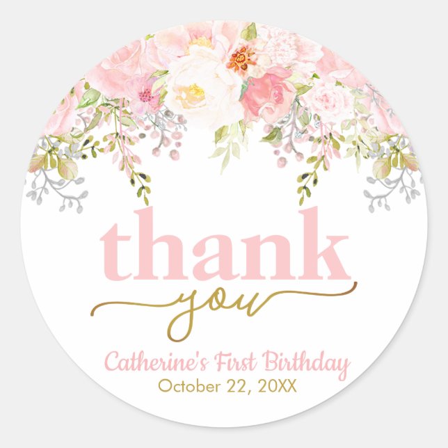 Pink Roses Girl Birthday Thank You Classic Round Sticker (Front)
