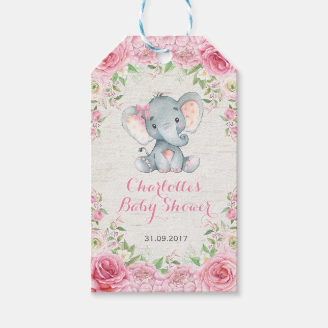 Pink Roses Girl Elephant Baby Shower Favour Tag (Front)