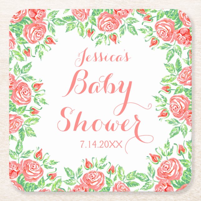 Pink Roses Girly Baby Shower Square Paper Coaster (Front)