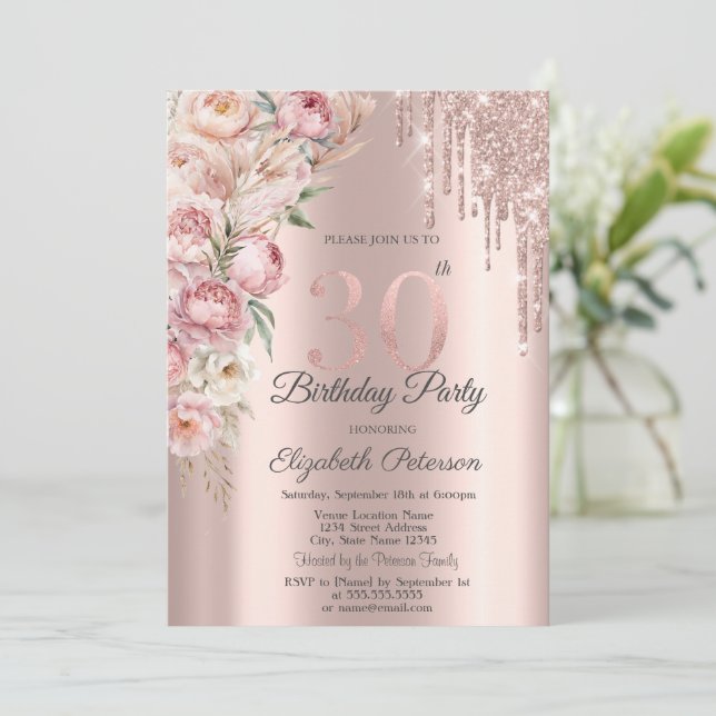Pink Roses Glitter Drips Rose Gold 30th Birthday   Invitation (Standing Front)