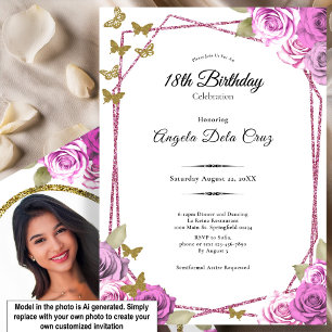 Pink Roses Gold Butterflies 18th Debut Birthday Invitation