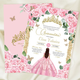Pink Roses & Gold Butterfly Quinceanera Invitation