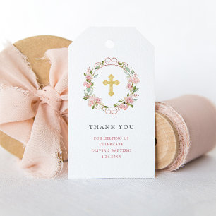Pink Roses Gold Cross Floral Baptism Gift Tags