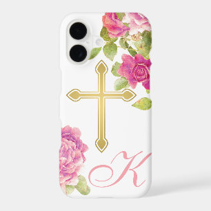 Pink Roses Gold Cross Monogrammed Floral Christian