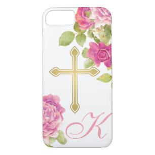 Pink Roses Gold Cross Monogrammed Floral Christian Case-Mate iPhone Case