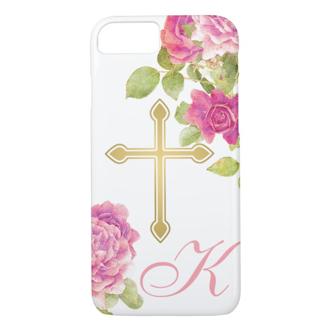 Pink Roses Gold Cross Monogrammed Floral Christian Case-Mate iPhone Case (Back)