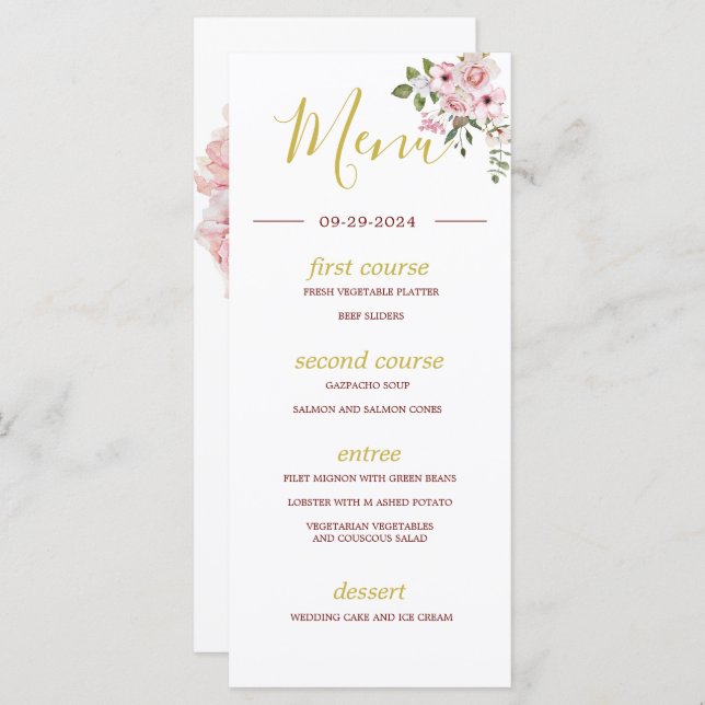 Pink Roses Gold Elegant Summer Monogram Menu (Front/Back)