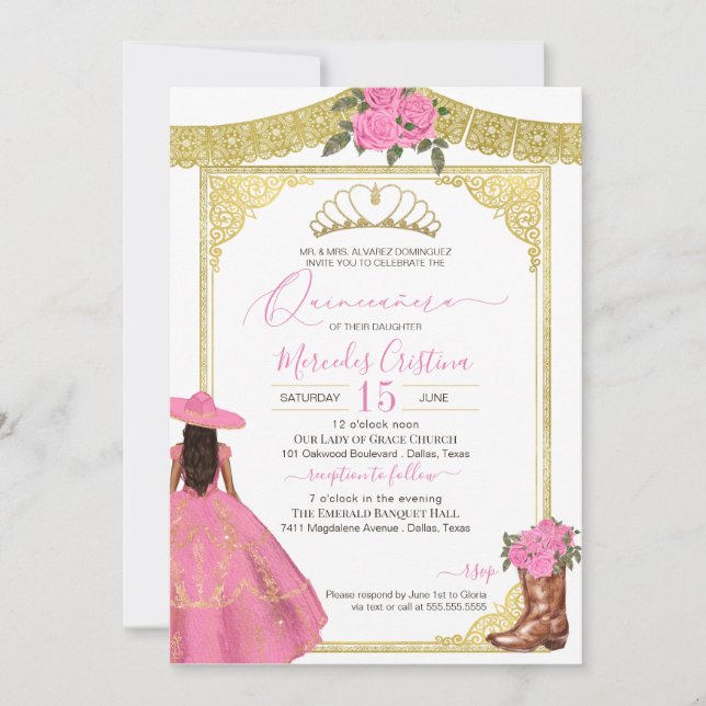 Pink Roses Gold Elegant Western Charro Quinceanera Invitation (Front)