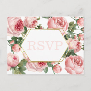 Pink Roses Gold Frame Wedding Meal Choice RSVP Postcard