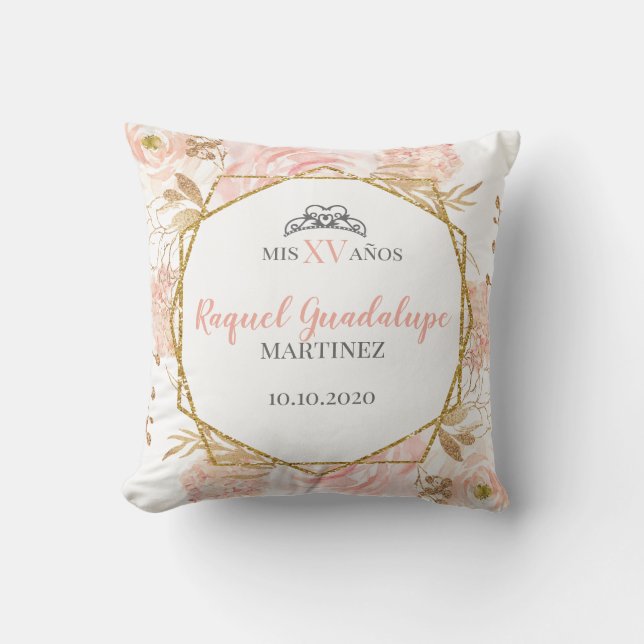 Pink Roses & Gold Geometric Glitter Mis XV Pillow (Front)