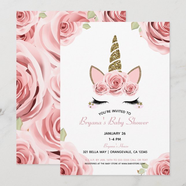 Pink Roses Gold Glitter Unicorn Floral Baby Shower Invitation (Front/Back)