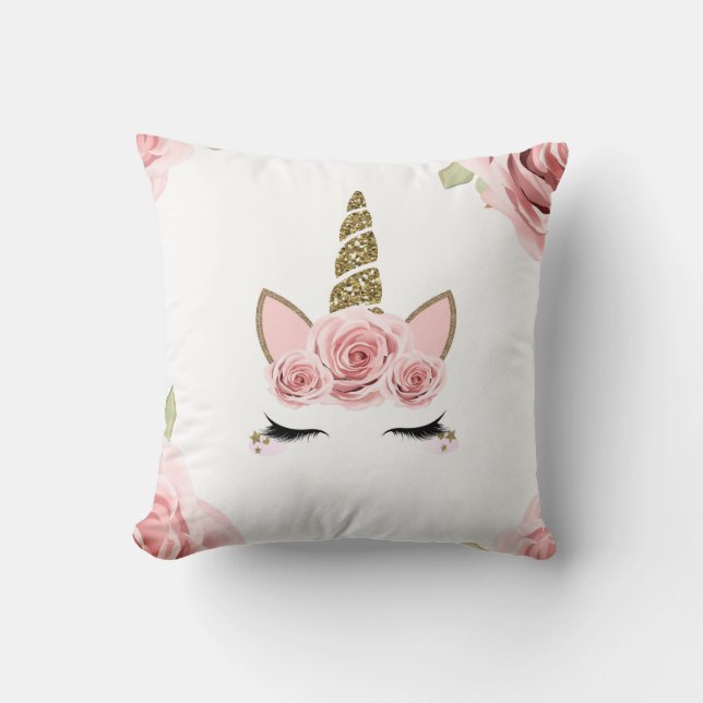 Pink Roses Gold Glitter Unicorn Trendy Cute Cushion (Front)