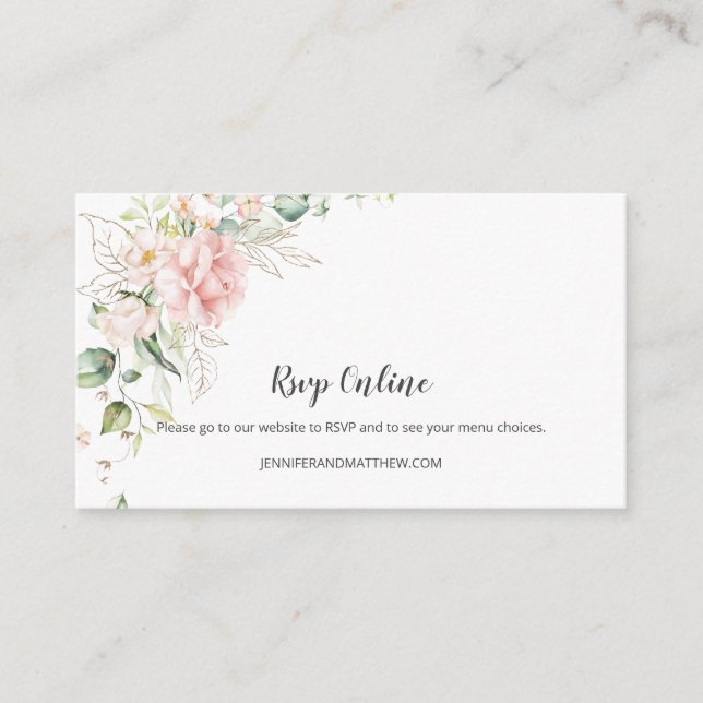 Pink Roses Gold Greenery Floral RSVP Online | Enclosure Card (Front)