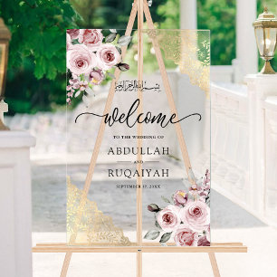 Pink Roses Gold Lace Muslim Wedding Welcome Acrylic Sign