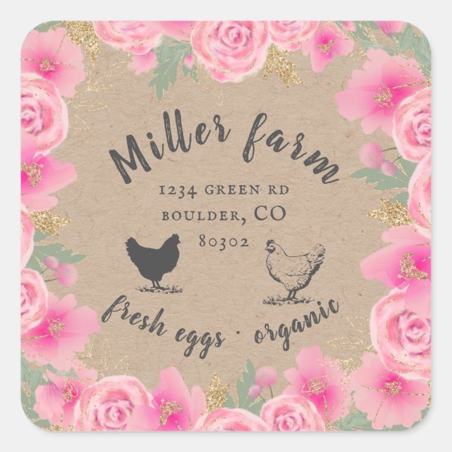 pink roses gold leaves farmhouse egg carton square sticker (Front)