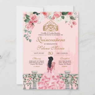 Pink Roses & Gold Princess Fairytale Quinceañera Invitation