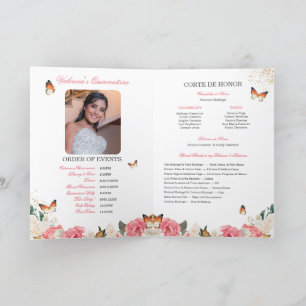 Pink Roses Gold Tiara Butterfly Quinceanera Programme
