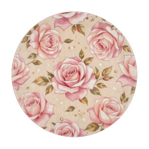 Pink Roses Golden Leaves Pattern Cutting Board