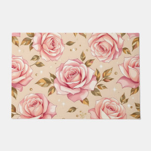 Pink Roses Golden Leaves Pattern Doormat