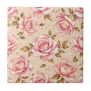 Pink Roses Golden Leaves Pattern Tile