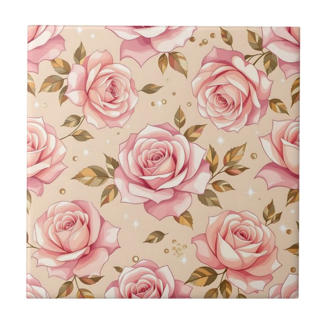 Pink Roses Golden Leaves Pattern Tile (Front)