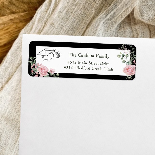 Pink Roses Graduate Cap Graduation Return Address (Creator Uploaded)
