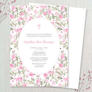 Pink Roses Grandmillenial girl baptism invitation