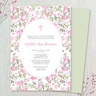 Pink Roses Grandmillenial girl baptism invitation