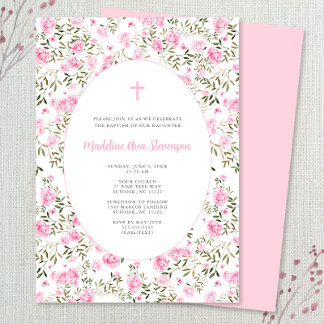 Pink Roses Grandmillenial girl baptism invitation