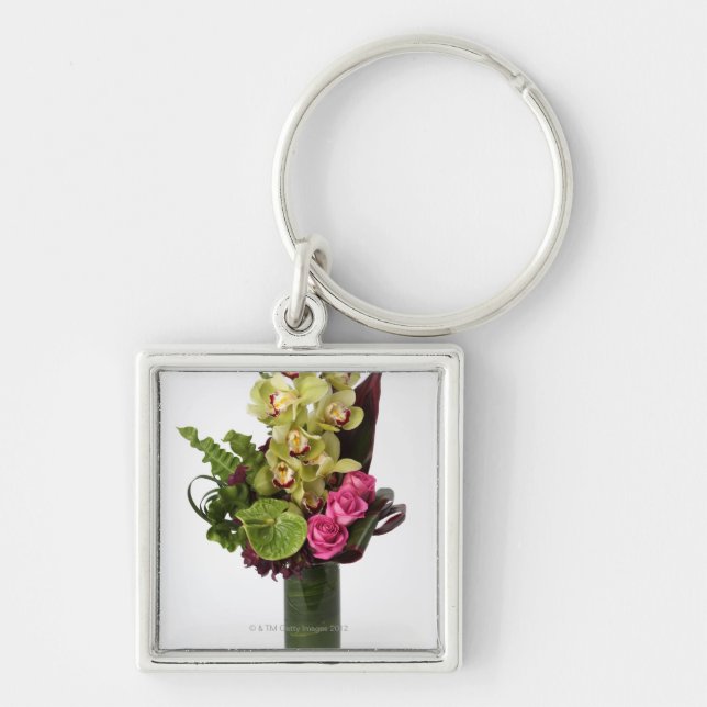 Pink roses, green anthuriums, cymbidium orchids key ring (Front)