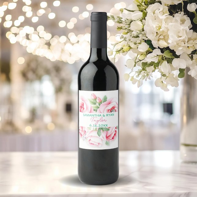 Pink Roses & Green Foliage Wedding Date Wine Label (Creator Uploaded)