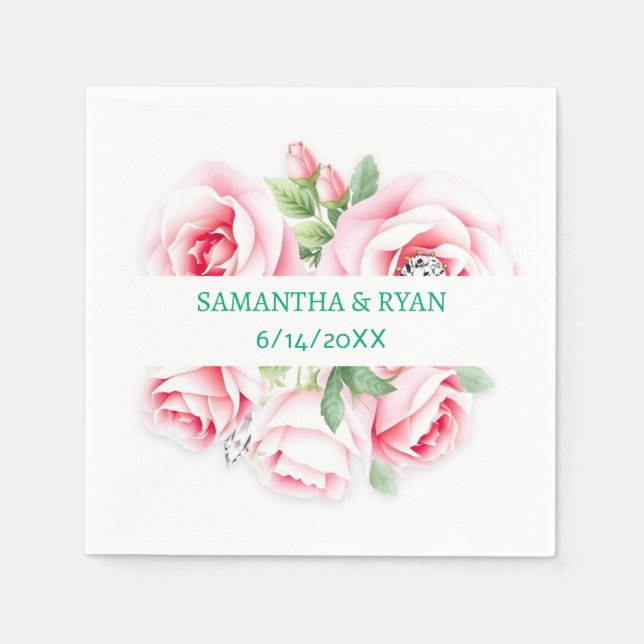 Pink Roses & Green Foliage Wedding Personalised Napkin (Front)