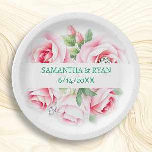 Pink Roses & Green Foliage Wedding Personalised Paper Plate