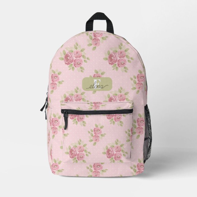 Pink Roses Green Leaves Botanical Personalised Printed Backpack (Front)