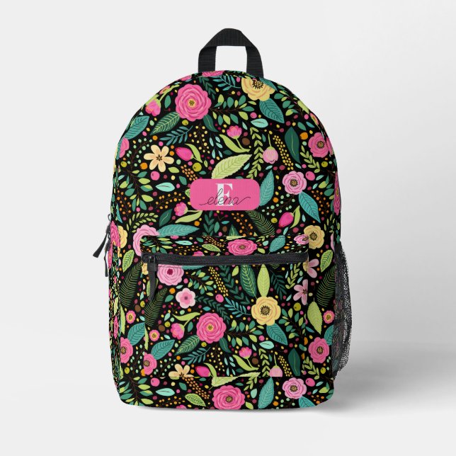 Pink Roses Green Leaves Botanical Personalised Printed Backpack (Front)