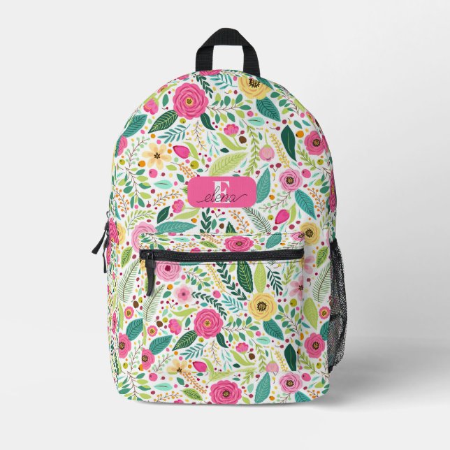 Pink Roses Green Leaves Botanical Personalised Printed Backpack (Front)