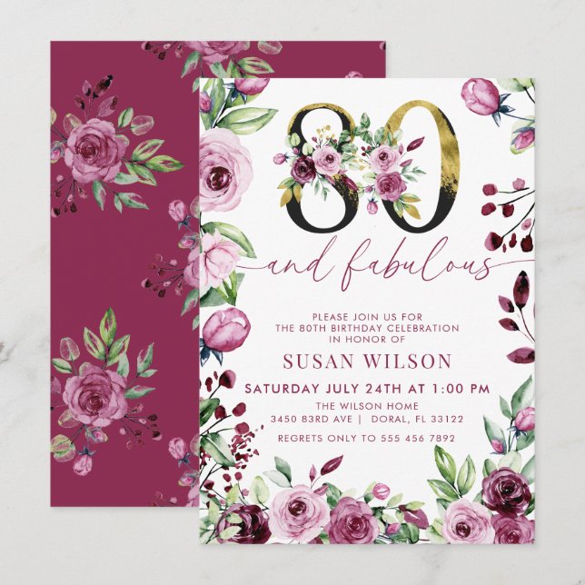Pink Roses Greenery | 80th Birthday Invitation (Front/Back)