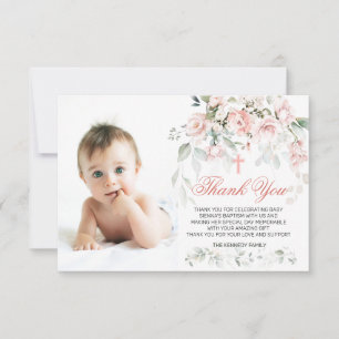 Pink Roses Greenery Baptism Photo Flat Thank You