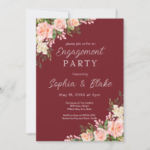 Pink Roses & Greenery- Burgundy Engagement Party   Invitation