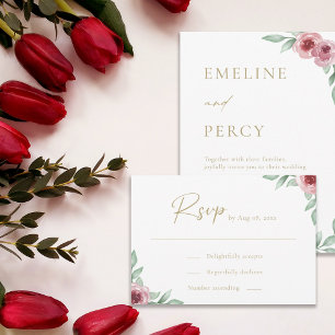 Pink roses greenery floral wedding RSVP Invitation