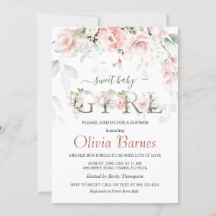 Pink Roses Greenery Foliage Baby Shower Invitation