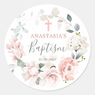 Pink Roses Greenery Foliage Baptism  Classic Round Sticker