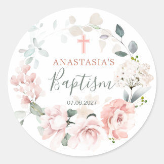 Pink Roses Greenery Foliage Baptism  Classic Round Sticker