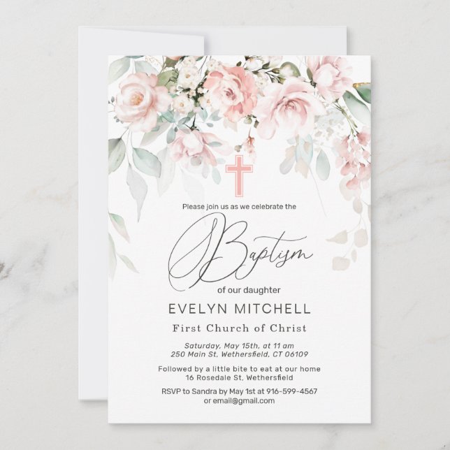 Pink Roses Greenery Foliage Baptism Invitation (Front)