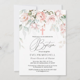 Pink Roses Greenery Foliage Baptism Invitation