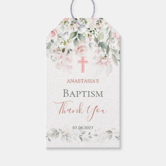Pink Roses Greenery Foliage Cross Baptism  Gift Tags